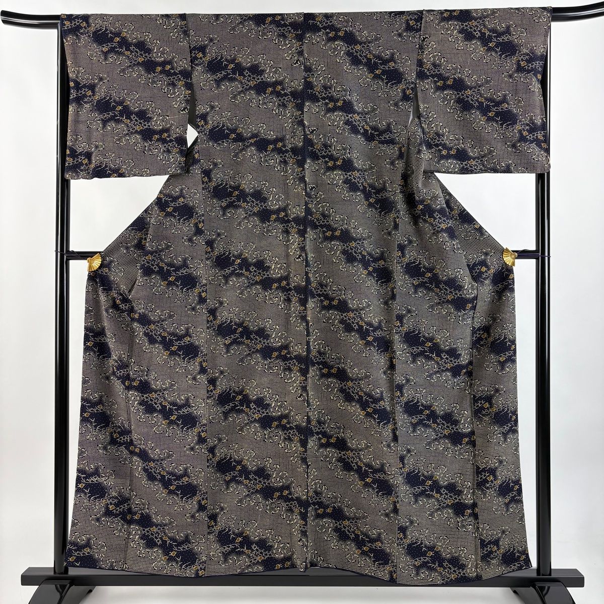 小紋 身丈157cm 裄丈66.5cm M 袷 佐藤昭人 落款 証紙 千鳥 波頭 藍染 藍色 正絹