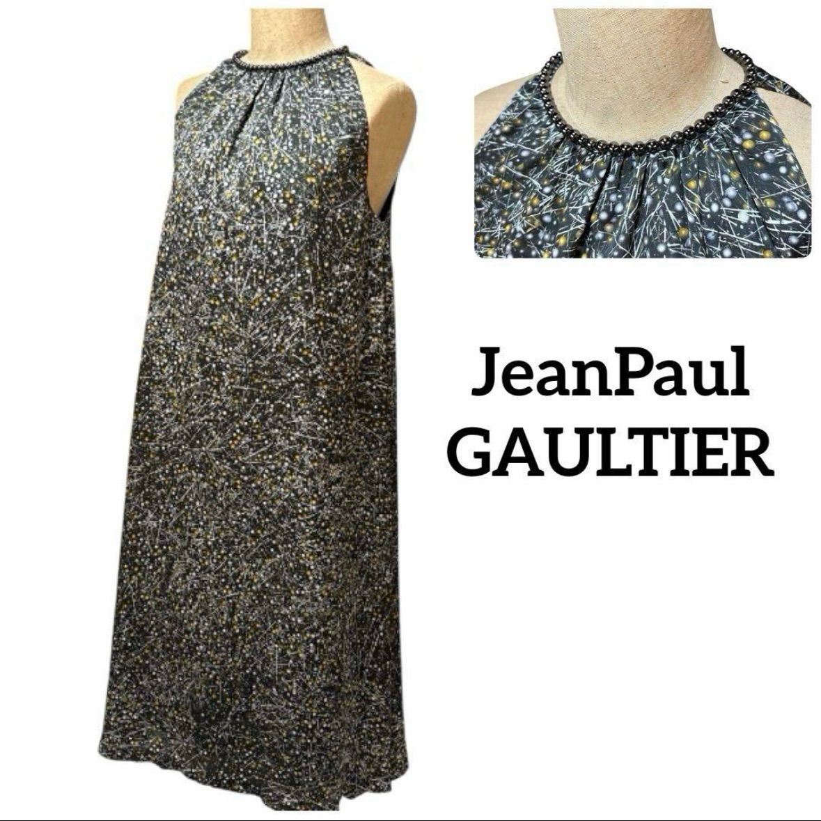 Jean Paul Gaultier ジャンポールゴルチエ ノースリーブ ワンピース パール装飾 洗える ドレス アメリカンスリーブ Aライン カーキ サイズ40 レトロ ヴィンテージ ＊フォロー割対象品 5%offさせて頂きます