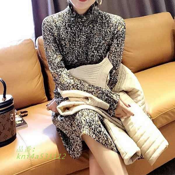 プリントワンピース ローウエスト スタンドフリル 長袖 ひざ上丈 クリックポストで ほっそり効果大 20代30代40代50代 kni4a531112