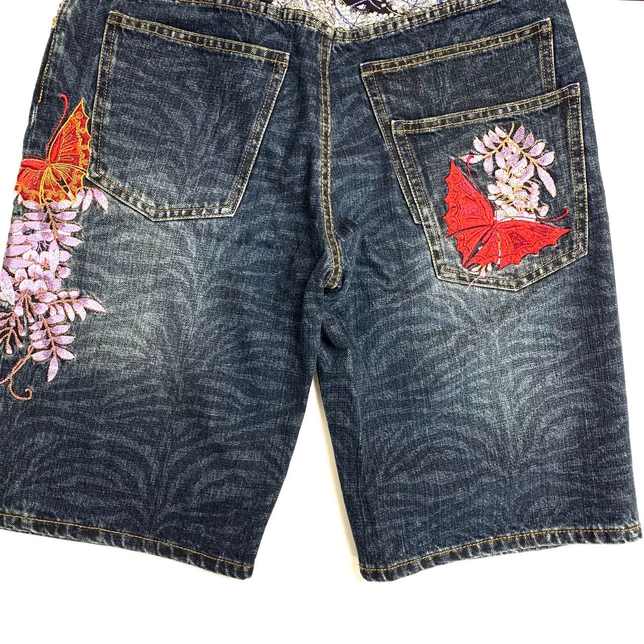 絡繰魂 カラクリダマシイ デニム ハーフパンツ 34 鯉 刺繍 花柄