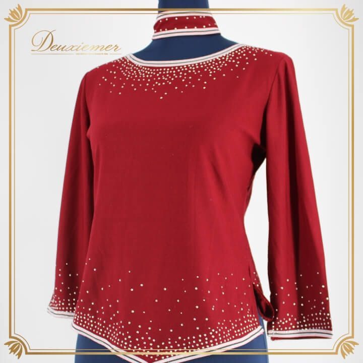 社交ダンス 衣装 スタンダード トップス レッスンウェア パーティー レッド系 ボルドー バーガンディ 赤 ICHIOKU イチオク ホワイト系 長袖 ラインストーン チョーカー ボルドーカラー 伸縮性 