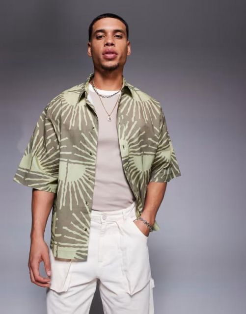 【送料無料】 エイソス メンズ シャツ トップス ASOS DESIGN oversized shirt with sun print in brown BROWN