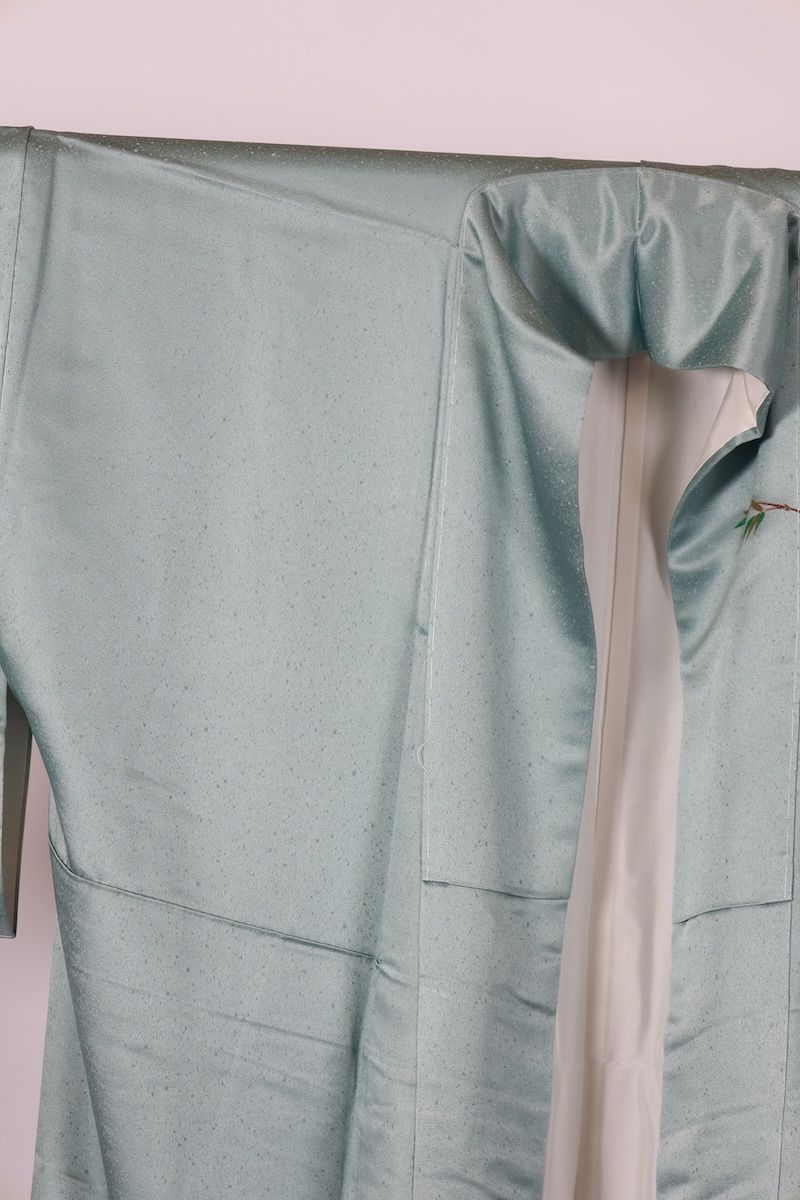 訪問着 ブルーグレー ゴールド 紫 グリーン 白 茶 貝合わせ 花 波 T514  