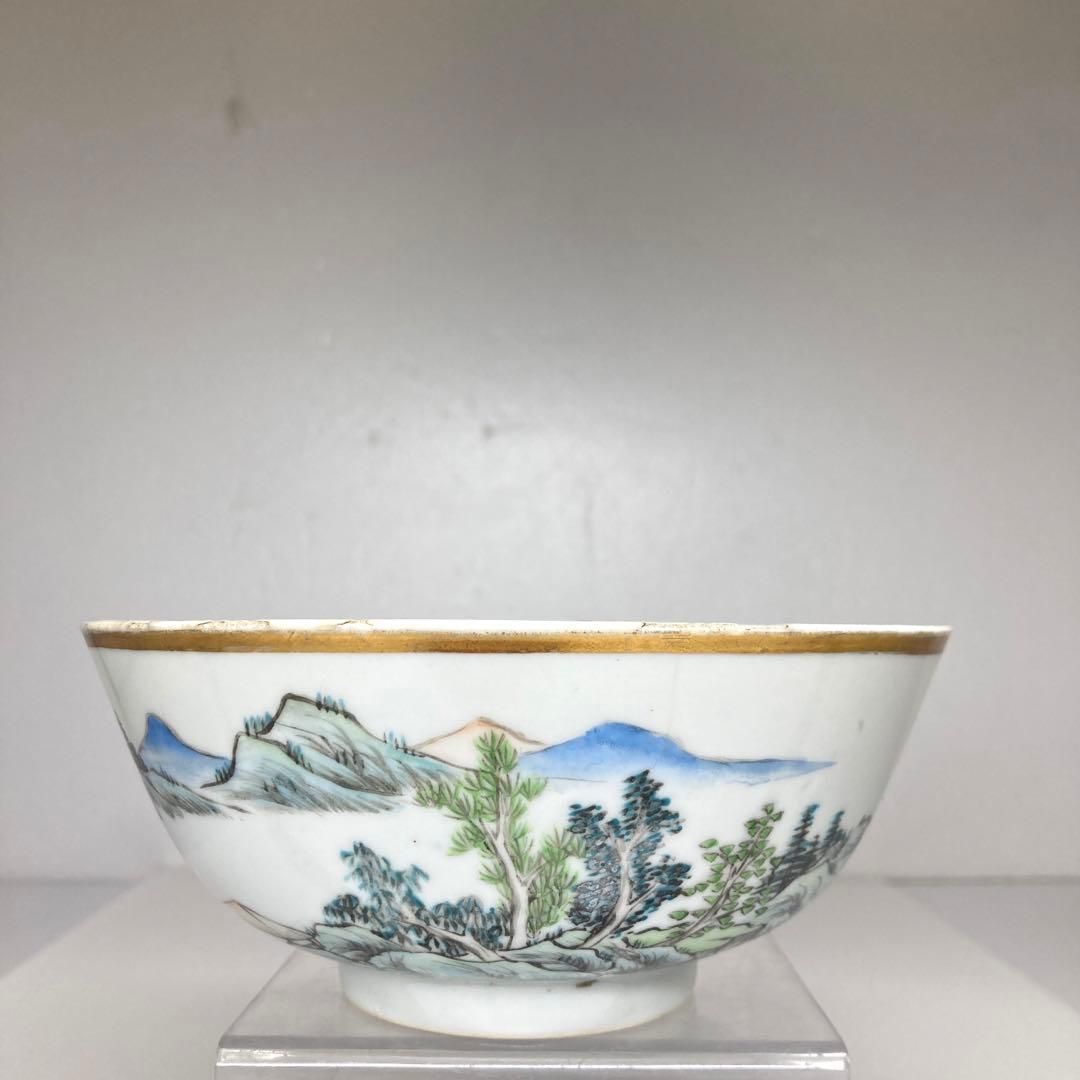 中国清朝時代 粉彩風景画 鉢 直径15.5㎝ タトチ 東な7-0104 2F