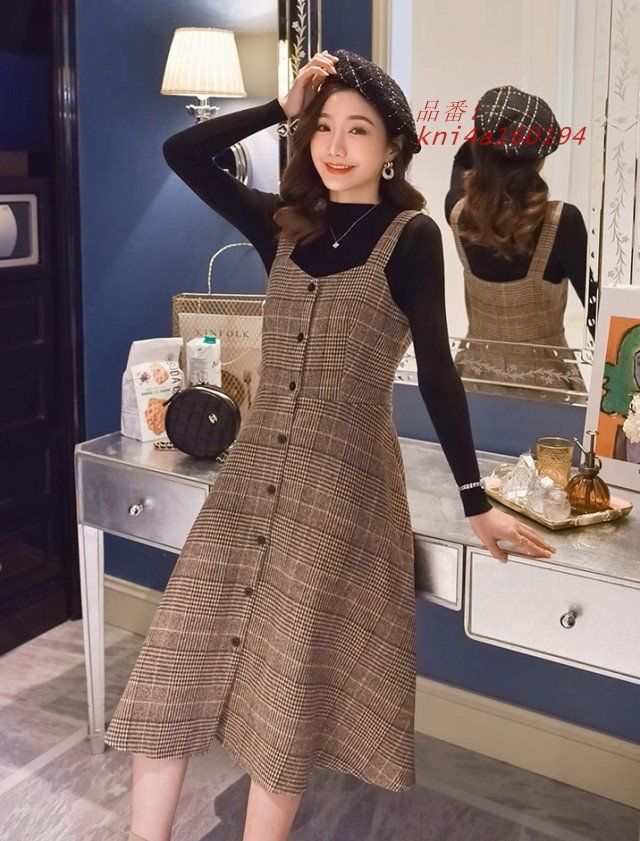 【限時特価】 グレンチェック ジャンパースカート 秋冬 Aライン ワンピース レディース レディース ミモレ丈 ファッション クラシカル 大きいサイズ 3L ジャンスカ 韓国 kni4a160194 海外ファッション通販。