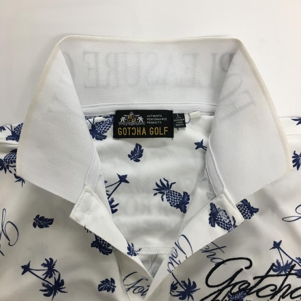 美品】ガッチャゴルフ 半袖ポロシャツ 白×ネイビー 総柄 パイナップル 