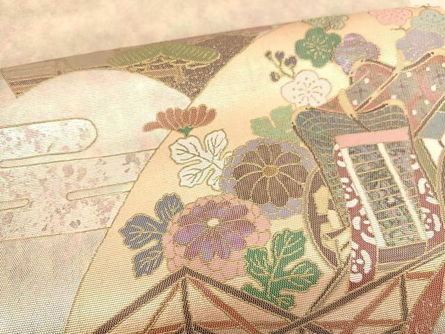 大人気 平和屋着物▼螺鈿匠　於利部寿名宝　太鼓柄袋帯　螺鈿箔　花鳥文　金銀彩　引箔　正絹　逸品　AAAZ6710wj