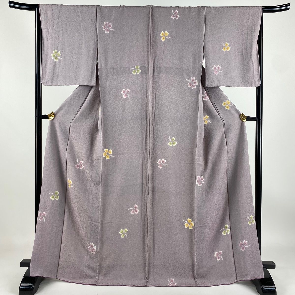 小紋 身丈168cm 裄丈66cm M 袷 葉柄 地紋 絞り 薄紫 正絹 秀品