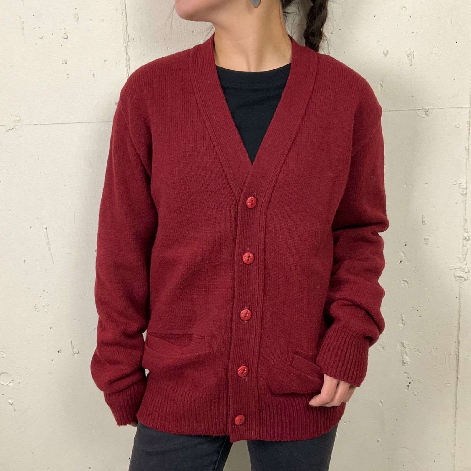 60年代 60s CALVERT MILLS 無地 レタード ニット カーディガン 古着 