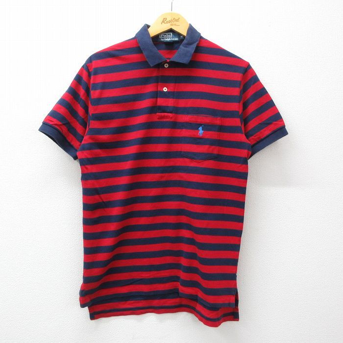 L/古着 ラルフローレン 半袖 ブランド ポロ シャツ メンズ 90s ワンポイントロゴ 鹿の子 胸ポケット付き コットン 赤他 レッド 24apr06 中