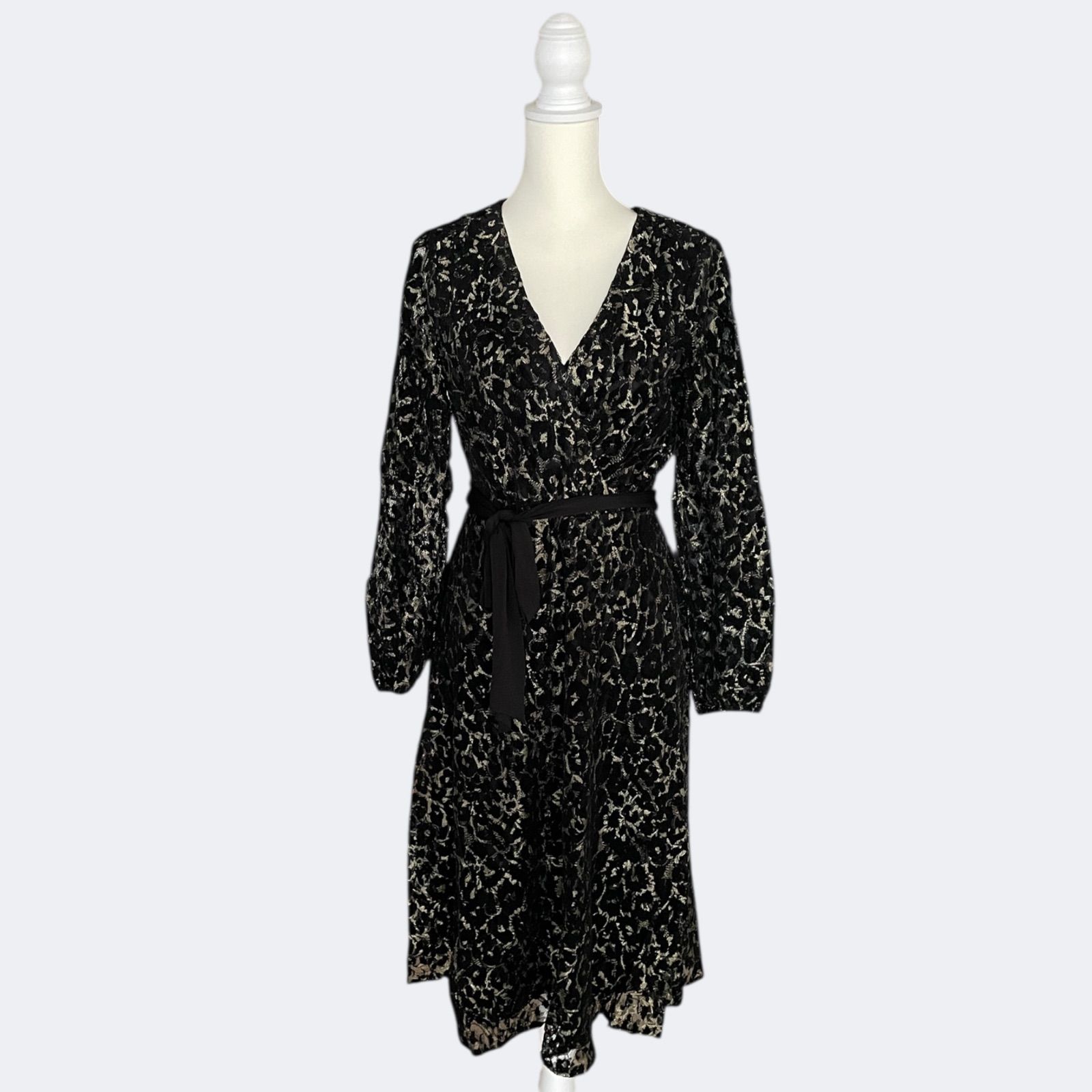 ◆ROMANローマン 秋冬上品ベルベット総レースレオパード柄カシュクールフ ワンピース ML L