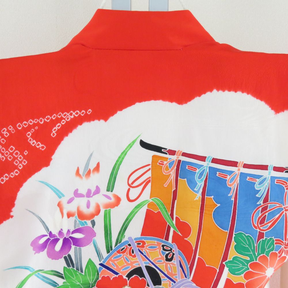 子供着物 女の子用 一つ身 正絹 赤色x白色x多色 絞り 鼓に花々紋様