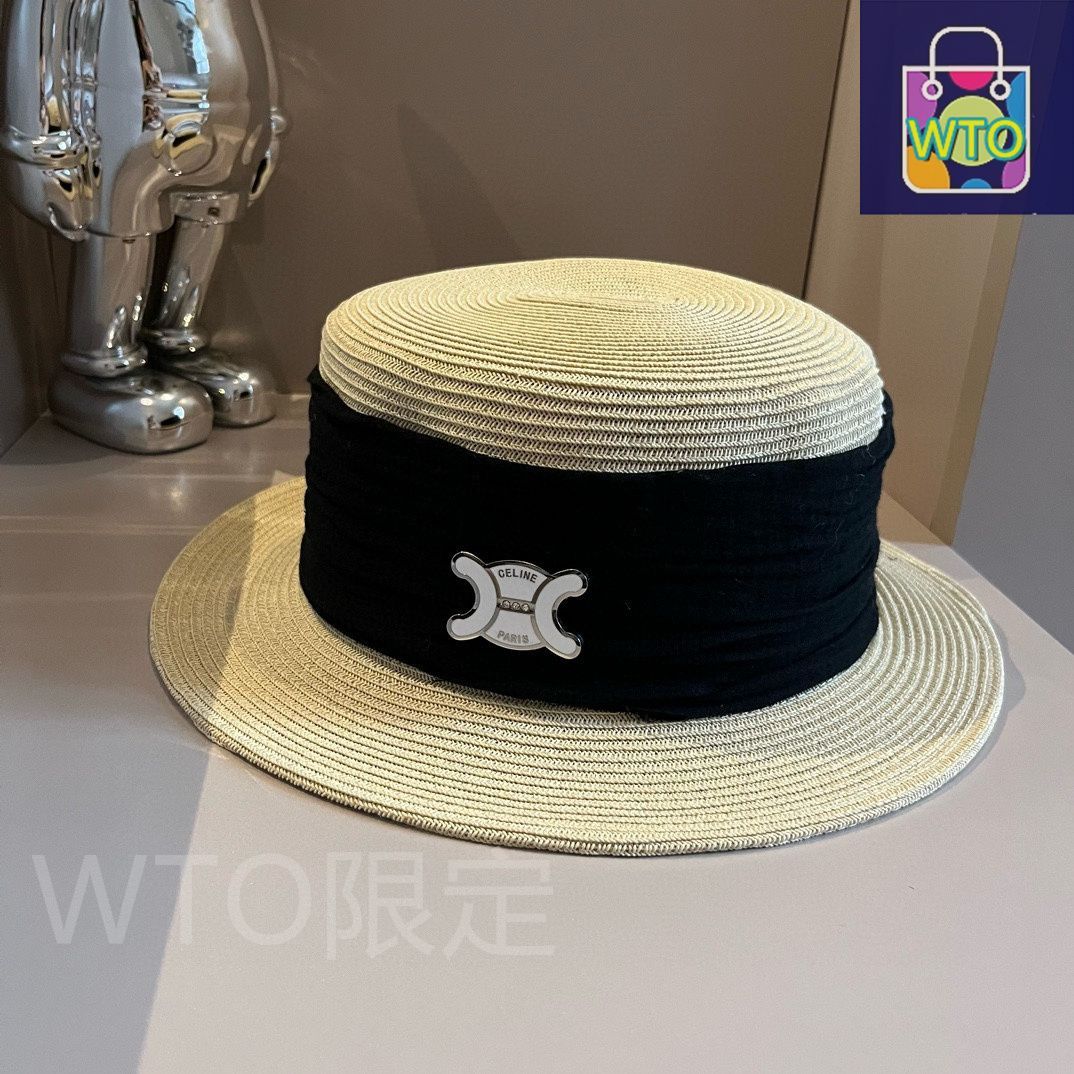 Celine シャネル フラットトップ礼帽｜日韓風 日本の紙草製 木綿麻のリボンで装飾 頭周り 57cm -WTO輸入1