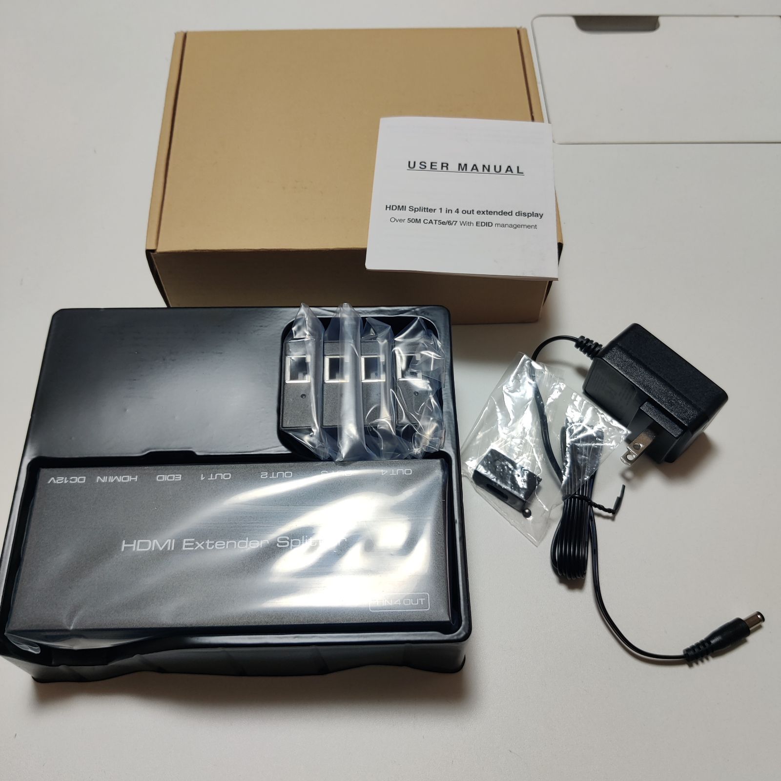 4モニター 同時表示 HDMI 分配 エクステンダー EX714 50Mまで 延長 HDMI Splitter Extender CAT6 延長器 LAN 分配 RJ45 エクステンダー 1080P CAT6 CAT7 対応 TX 4RX 送受信機セット