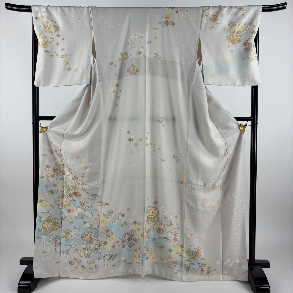 訪問着 身丈166.5cm 裄丈66.5cm M 袷 草花 松竹梅 金彩 ぼかし 灰紫 正絹 名品 【】