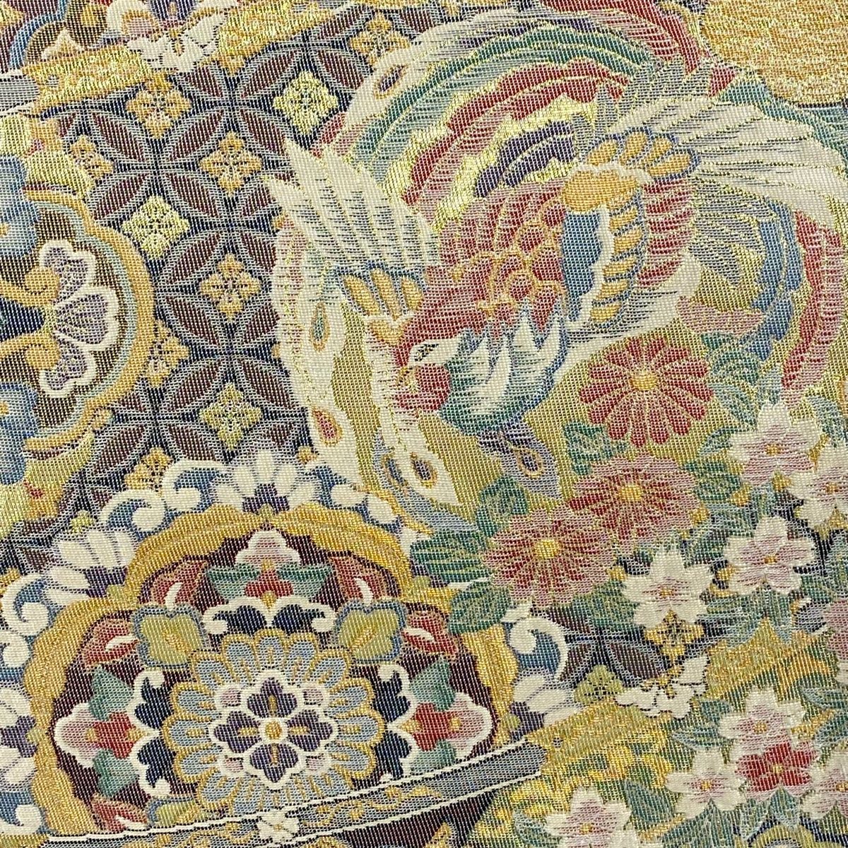 袋帯 美品 秀品 鳳凰 華文 金糸 箔 ベージュ 六通 正絹 【中古 