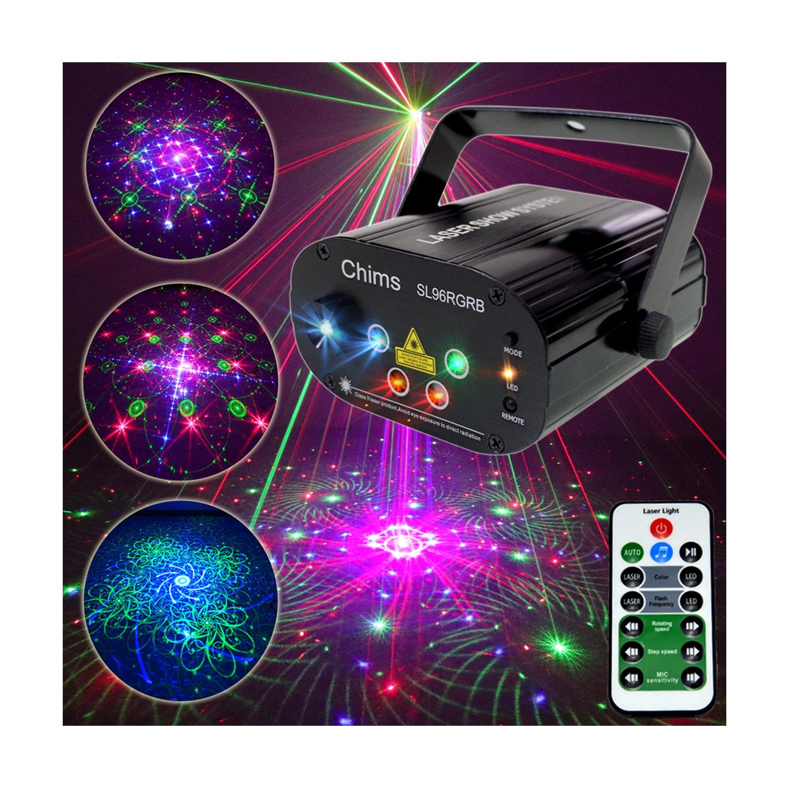 Chims ライトレーザープロジェクター RGB 96パターン リモートコントロールLED音声制御装飾照明 システム 4光源アパーチャーレンズ赤と緑ブルー家族パーティDJクリスマスハロウィン新年Partyバーいざかやステージ ディスコ クラブ カラフルロ