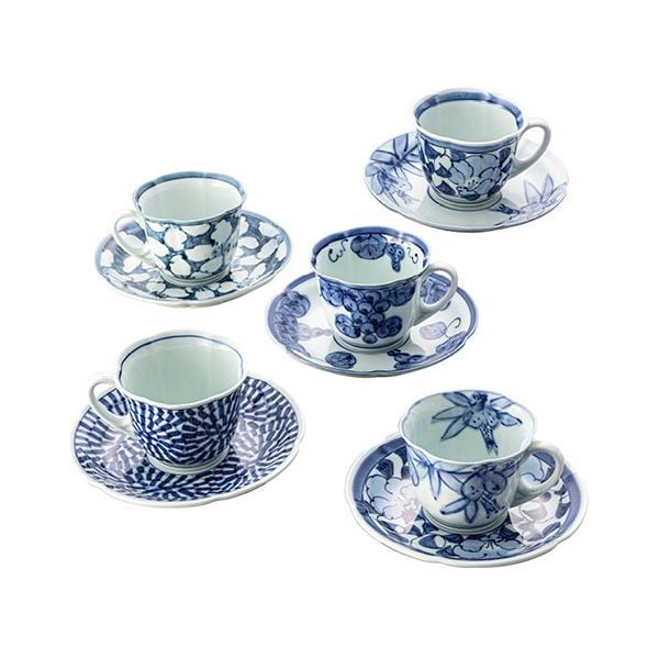 波佐見焼 古伊万里青磁絵 珈琲碗皿5客揃 碗φ8.5×6.5cm 皿φ14.8×2.5cm B1155580