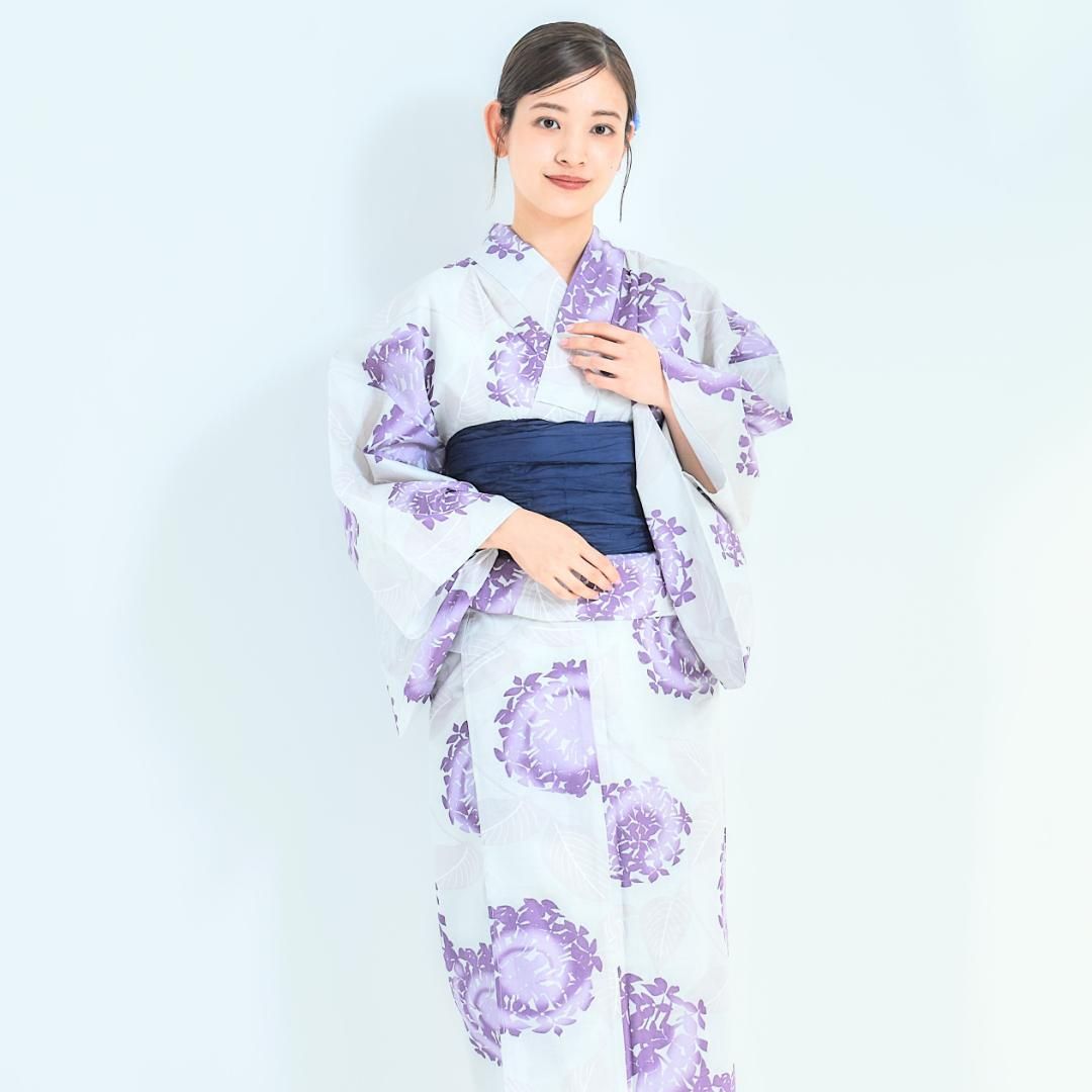 2点セット】浴衣 兵児帯付き レディース 白 紫 紫陽花 あじさい