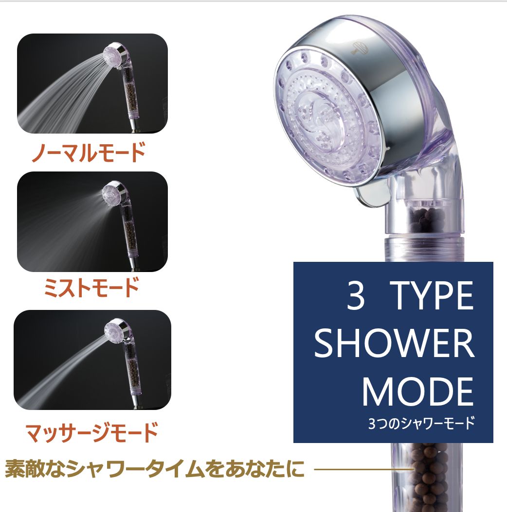 シャワーヘッド ３モード水流 セラミック交換不要 節水 温浴