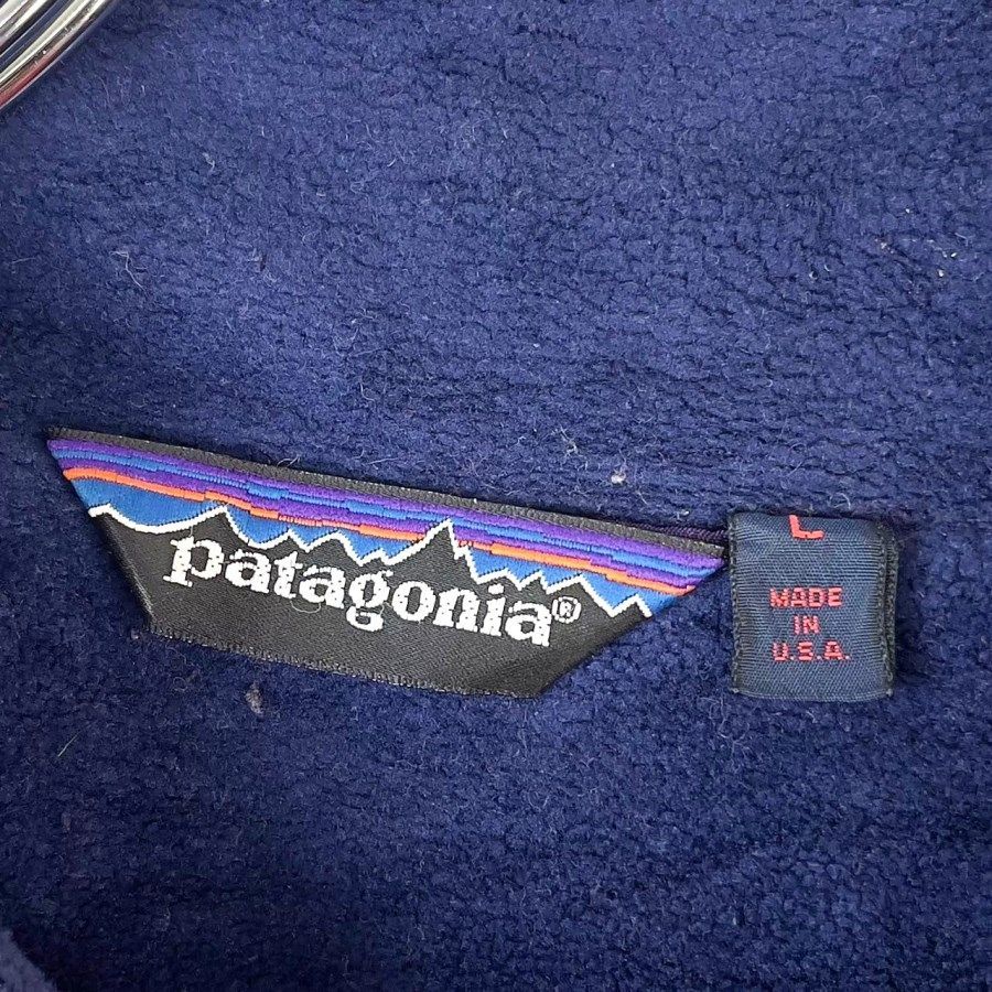 80s90sパタゴニアPatagoniaシェルドシンチラナイロンジャケットブルゾン裏地フリースロゴタグワンポイント三角タグ赤レッド紺ネイビーアウトドアスポーツ ヴィンテージ50304
