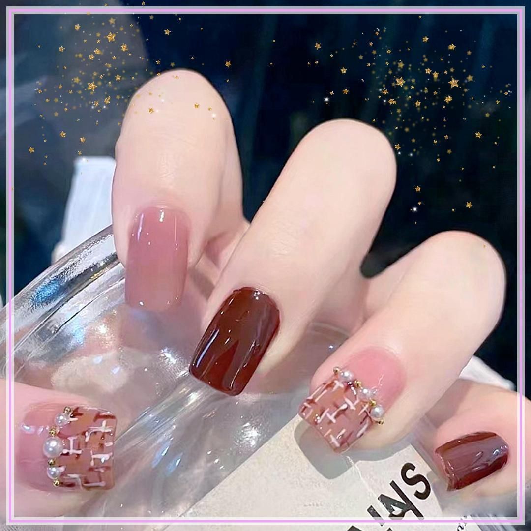 ネイルチップ 韓国 ショート ピンクブラウン つけ爪 ツイード秋冬大人