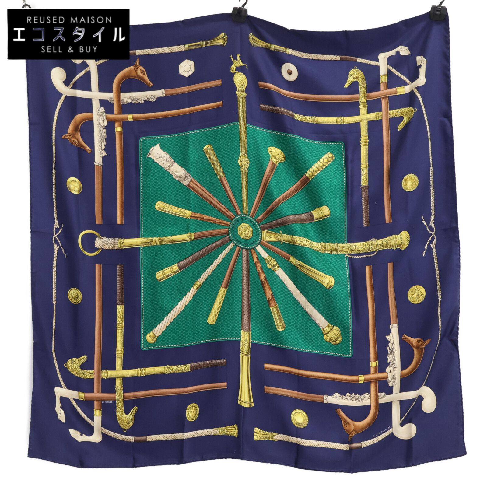 HERMES エルメス 【美品】CANNES&POMMAUX ステッキ柄 カレ90