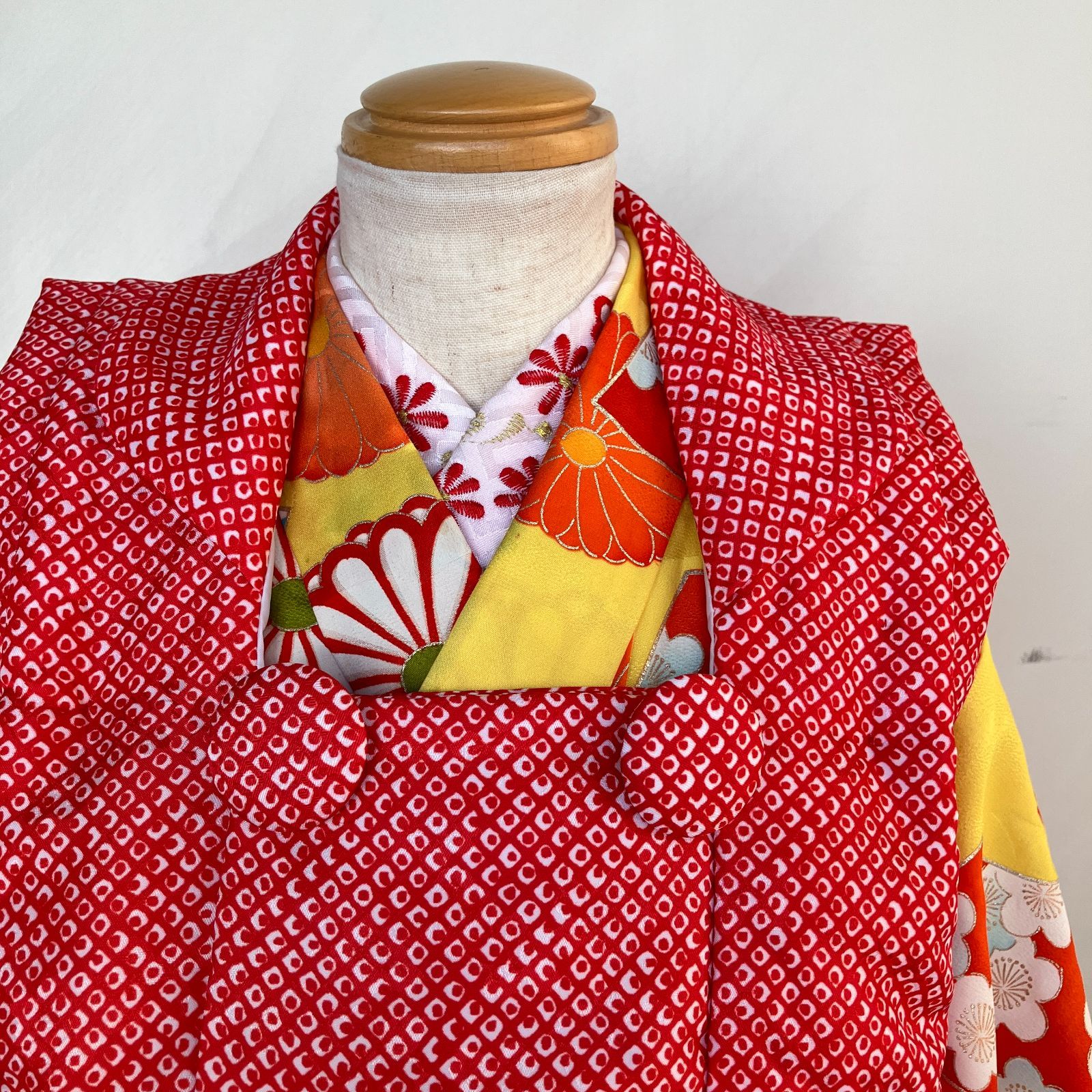 七五三 3歳女の子着物 黄色 長襦袢 被布 セミアンティーク きもの猫田 T344h