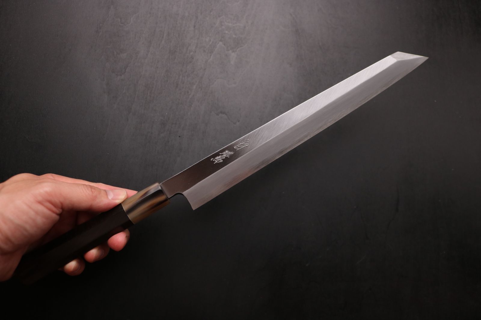 森本光一作左用 刺身 柳刃包丁 白ニ鋼9寸紫檀水牛八角柄