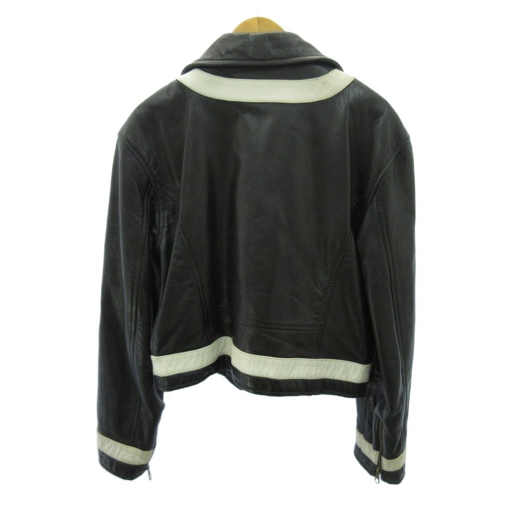 モスキーノ MOSCHINO ダブルライダース レザージャケット ライン 金釦 ショート丈 42 黒 白 ブラック ホワイト 1010