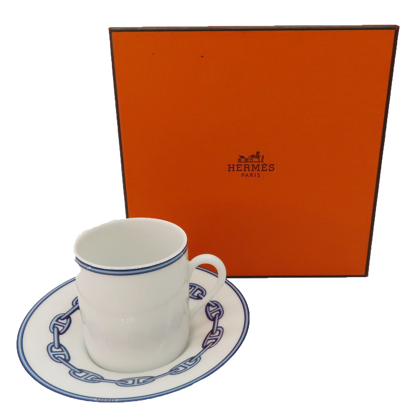HERMES エルメス カップ＆ソーサーセット シェーヌダンクル 青×白 陶器 食器 A2300342 無料ギフトラッピング承ります