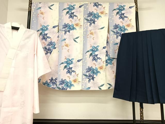 平和屋着物●小振袖 二尺袖 長襦袢 無双仕立て 袴セット 百合 暈し染め 洗える着物 AABB1311np