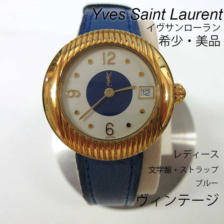 品 YSL イヴサンローラン Yves Saint Laurent ヴィンテージ レディース腕時計 01C コンビカラー青レザーストラップ