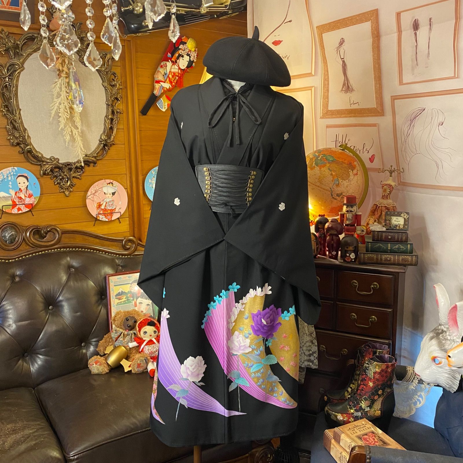 留袖 お着物 リメイク ロングワンピース 腰紐リボン付き ハンドメイド きつ