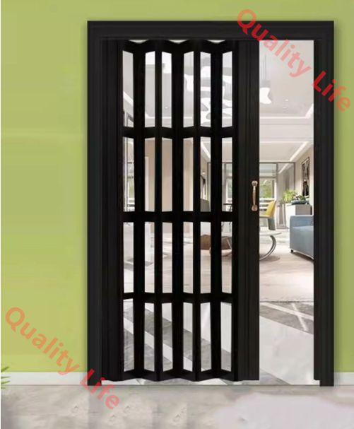 アコーディオンドア キッチン用スライド式アコーディオンドア 透明パネル付き黒色引き込み式スクリーンドア 仮設戸棚 出入り口ゲート 35x80in 88.9x203.2cm