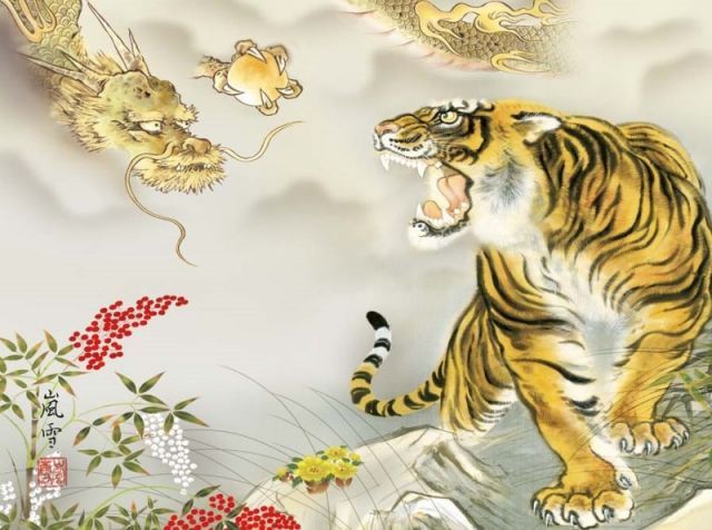 掛軸 開運画 開運龍虎 龍虎吉祥之図 尺三 濱田嵐雪[KZ2D5-097](