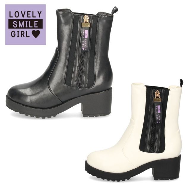 ブーツ キッズ 女の子 ジュニア ショートブーツ サイドゴア 厚底 ヒール 美脚効果 おしゃれ かわいい 黒 ブラック ホワイト ラブリースマイル 2501