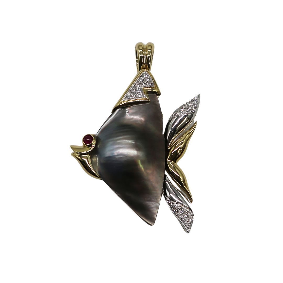 K18|黒チョウ貝 フィッシュ ペンダントトップ D0.28ct レディース JD-31999