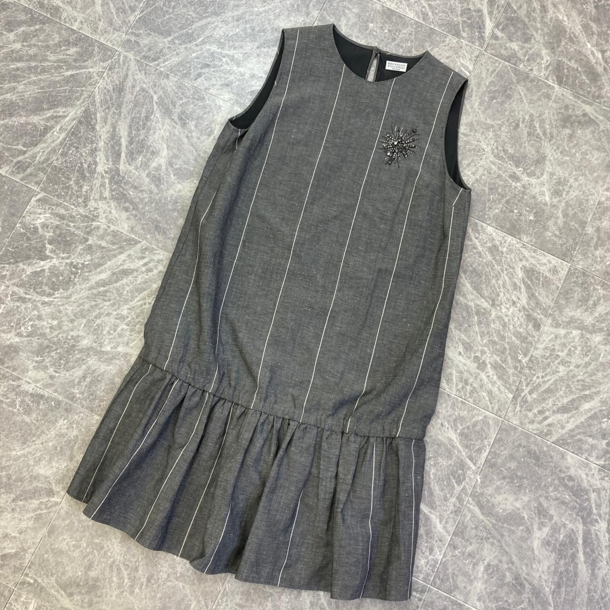 BRUNELLO CUCINELLI ﾌﾞﾙﾈﾛｸﾁﾈﾘ ｽﾄﾗｲﾌﾟ ﾉｰｽﾘｰﾌﾞ ﾋﾞｼﾞｭｰ ﾜﾝﾋﾟｰｽ L レディース衣類 ワンピース Gray グレー