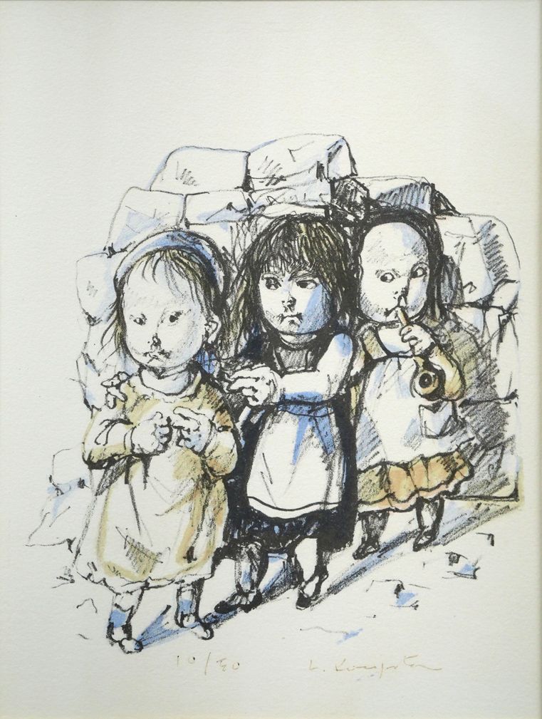 藤田 嗣治「三人の女の子」リトグラフ・限定サイン入り・君代