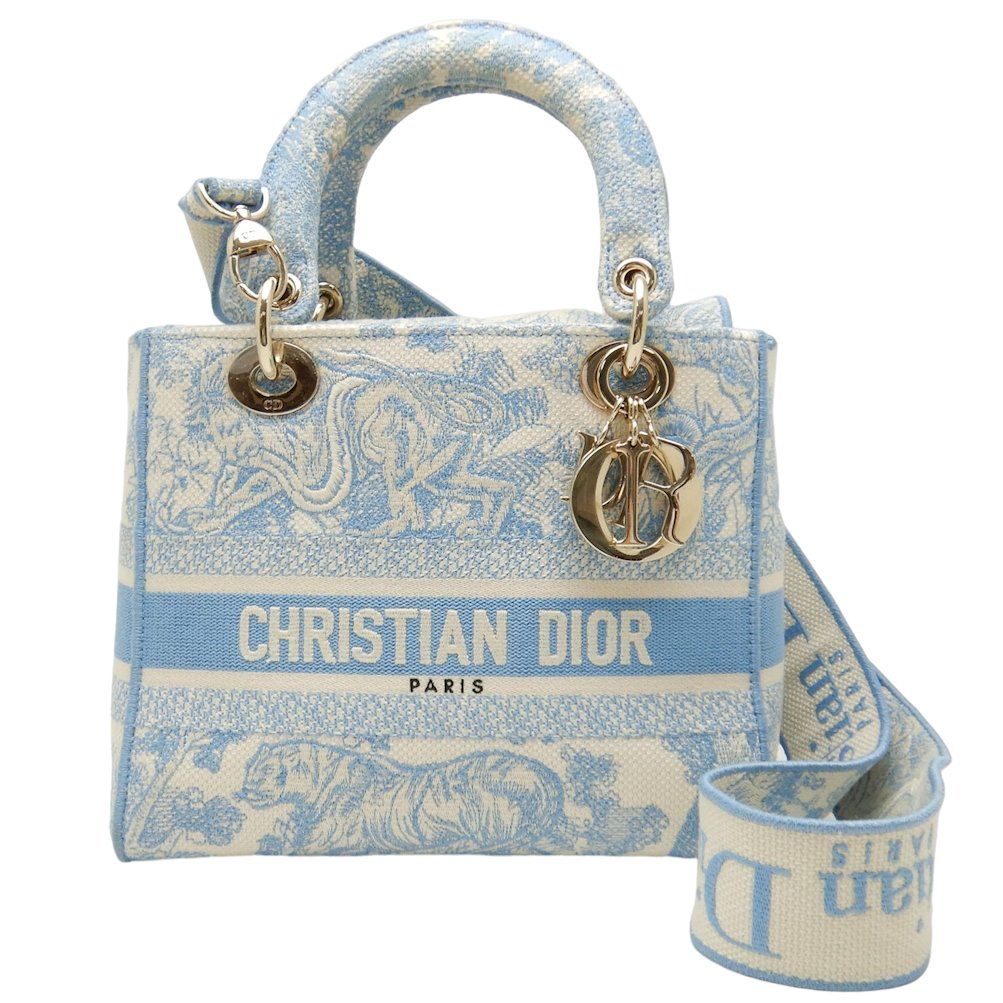 Christian Dior クリスチャンディオール レディDライトミディアムバッグ M0565ORGO ハンドバッグ  トワルドゥジュイエンブロイダリー キャンバス ライトブルー / 250421【中古】