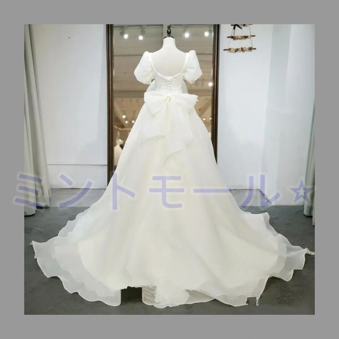 ウェディングドレス ロングドレス Aラインドレス パフスリーブ オーガンジー 半袖 可愛い 二次会 結婚式 前撮り ブライダル 花嫁 ウエディ
