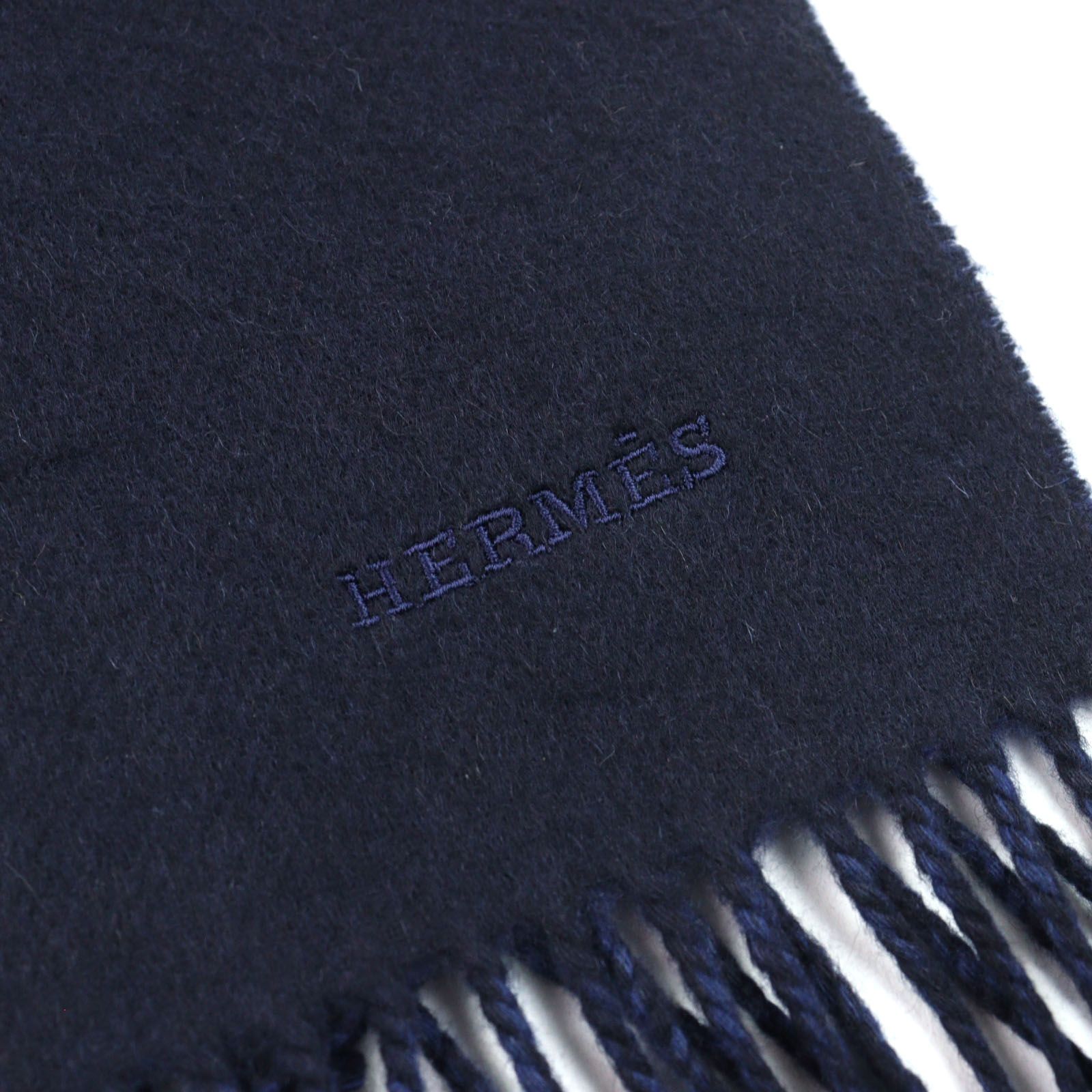 美品○HERMES エルメス カシミヤ100% ロゴ刺繍 バイカラー