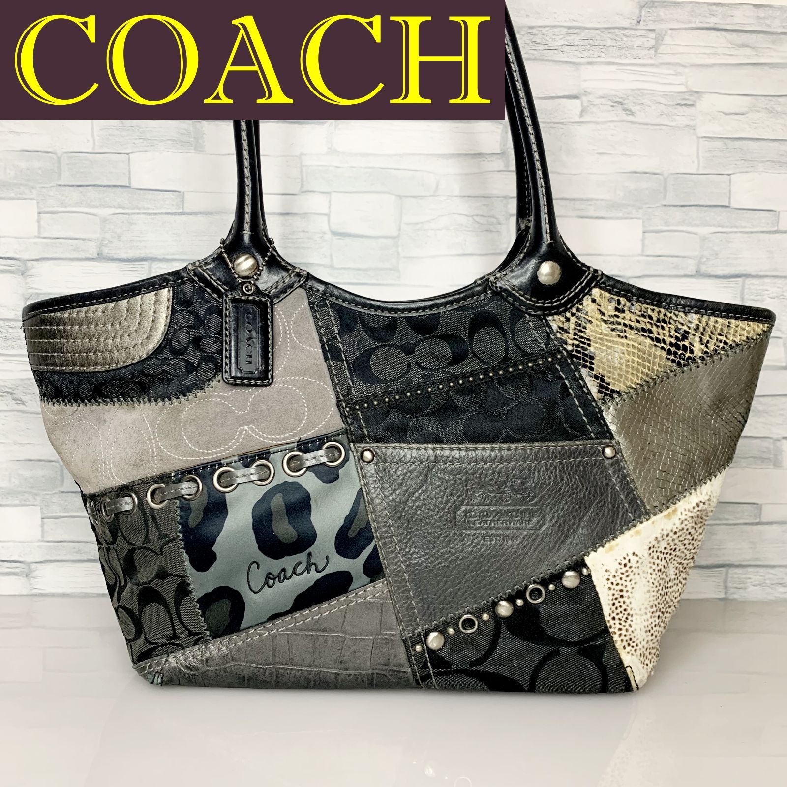 COACH コーチ トートバッグ パッチワーク ブラック シルバー パープル