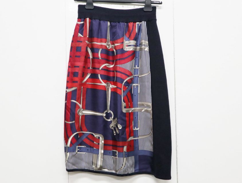 エルメス HERMES ゴルチエ期 ニットスカート ひざ丈 ウール シルク ネイビー レッド サイズ38 スカート