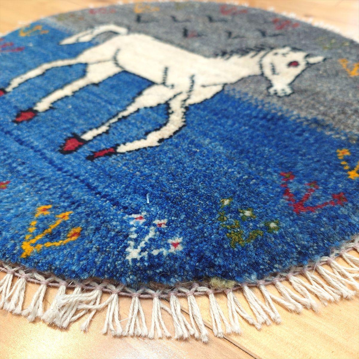 ペルシャアマレバフトミニマット円形40×40藍色馬生命の木