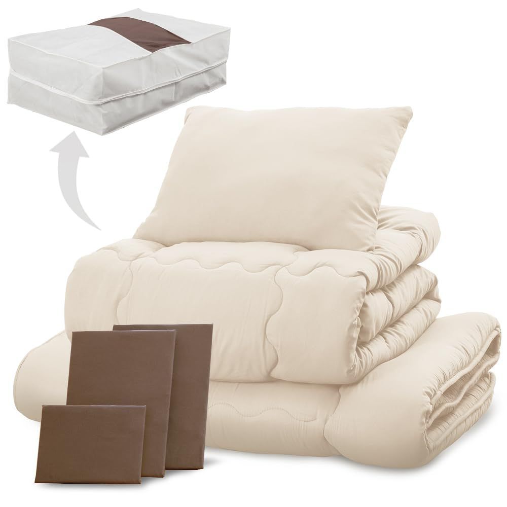 【特価セール】アイリスプラザ すぐ使える布団7点セット シングル 抗菌防臭 すっきり収納ケース付き しっとりなめらかピーチスキン加工 (掛け布団 敷布団 枕 各カバー付き) ブラウン