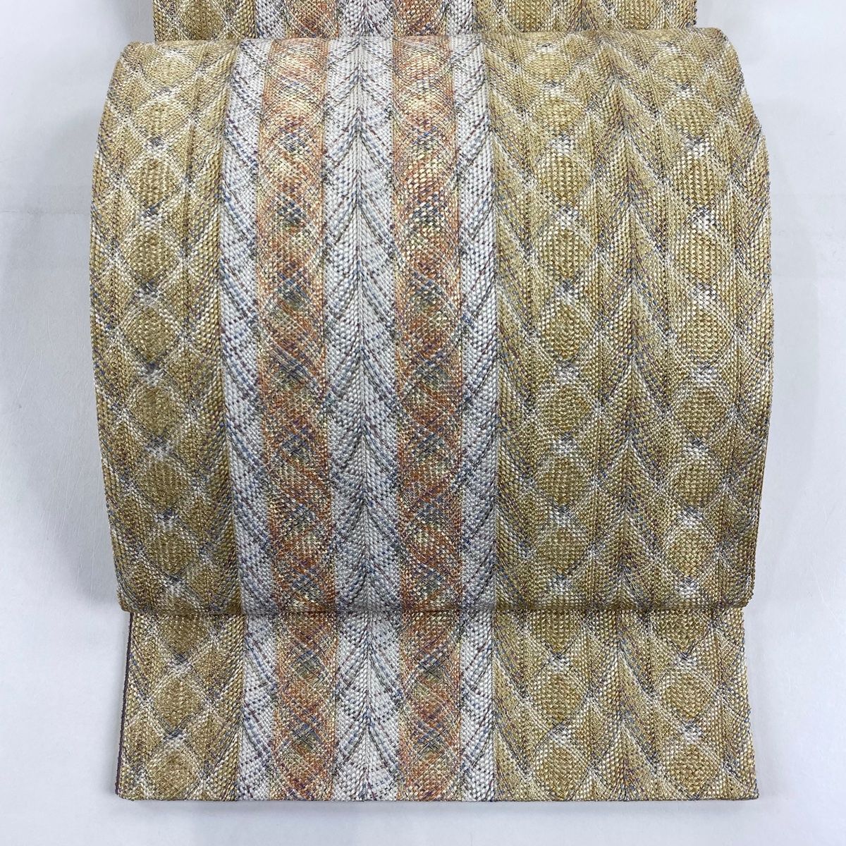 袋帯 秀品 幾何学模様 縞 金銀糸 ベージュ 全通 正絹