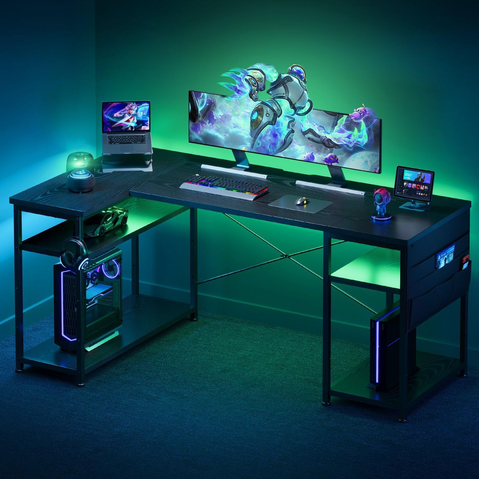 ゲーミングデスク デスク 幅150cm pcデスク l字デスク コーナーデスク 棚板高さ調節 収納袋付き L字型 PC 勉強机 作業 YeTom 在宅勤務 リモートワーク ゲーム 書斎 収納ラック付き 黑い