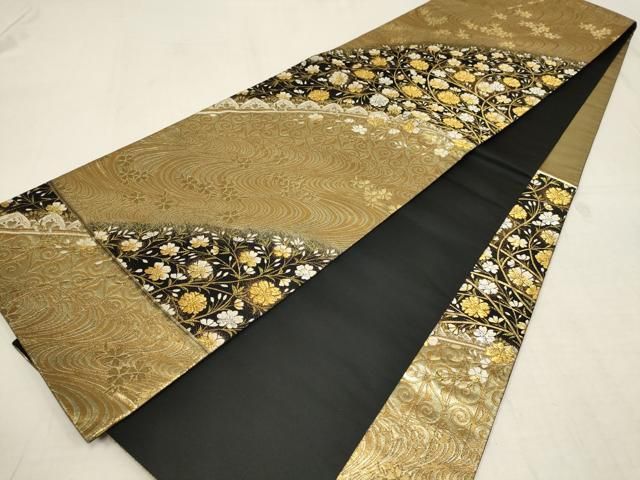 平和屋着物▽六通柄袋帯 草花文 黒地 金糸 正絹 逸品 AAAY9542wj